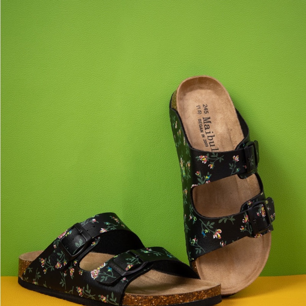 Maibulun Black and Pink Two-Strap Sandals with Cork Footbed